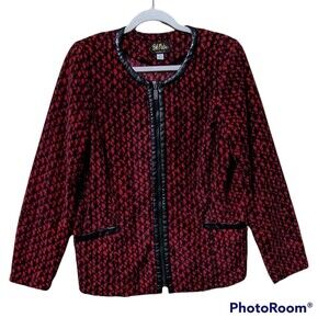 Bob Mackie fleece flannel jacket Medium red black wearable art animal zipper